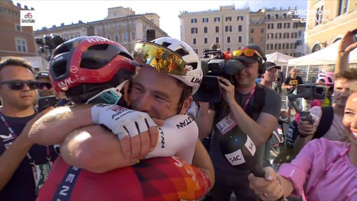 mark cavendish hugs geraint thomas after winning stage 21 2023 giro ditalia gcn