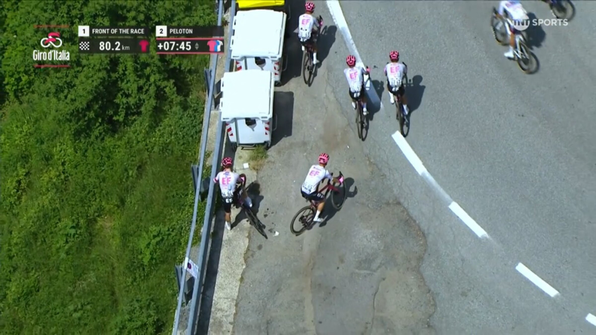 Richard Carapaz leva susto no Giro d'Italia; EF Education erra curva e quase tira o pelotão da estrada, assista o vídeo 1 girodociclismo.com.br richard carapaz passa por momento delicado no giro ef education erra curva e quase tira o pelotao da estrada image 3