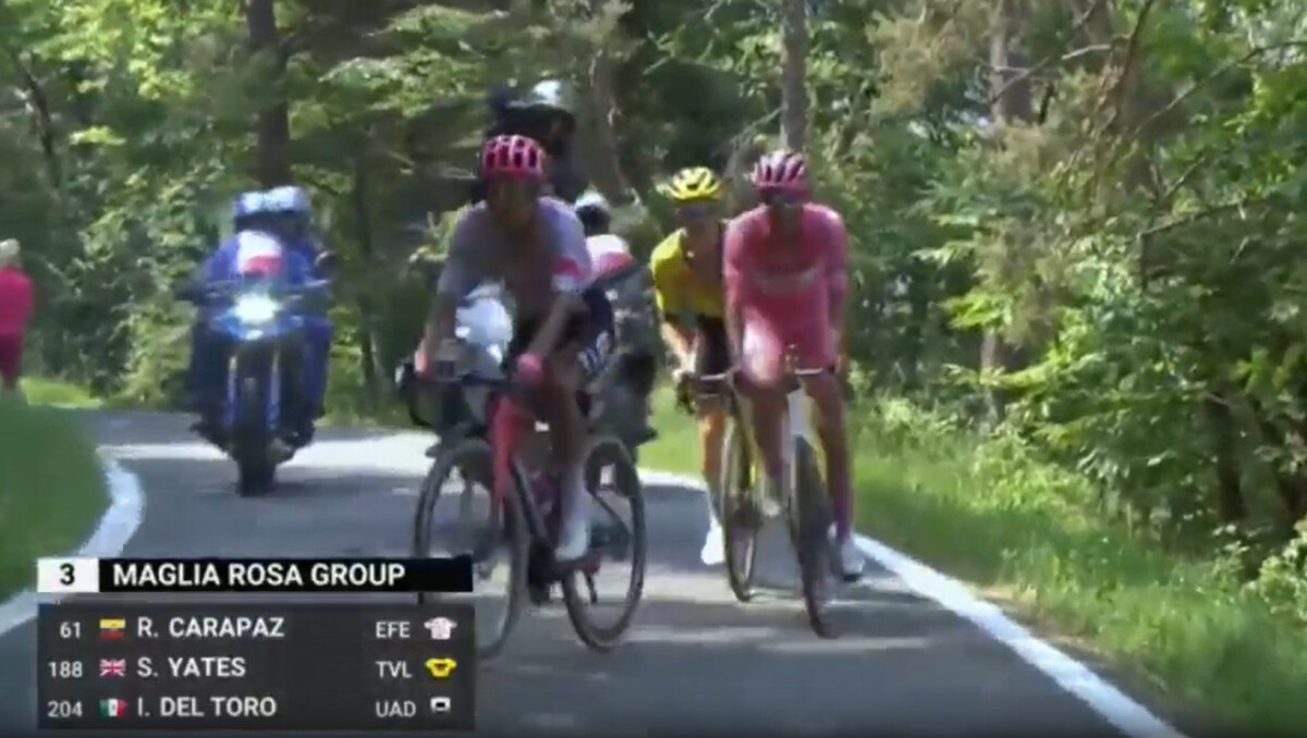 Richard Carapaz surpreende e ataca Isaac del Toro na base do Colle delle Finestre, Simon Yates reage e trio parte unido; assista o vídeo 1 girodociclismo.com.br richard carapaz surpreende e ataca na base do colle delle finestre isaac del toro reage assista o video image