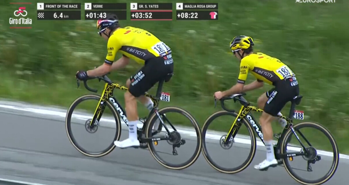Surge divertido meme de Wout van Aert e Simon Yates no Giro, Visma entra na brincadeira e coloca imagem no vídeo oficial; confira 1 girodociclismo.com.br viraliza meme de wout van aert e simon yates equipe se diverte e coloca imagem no video oficial confira image 1