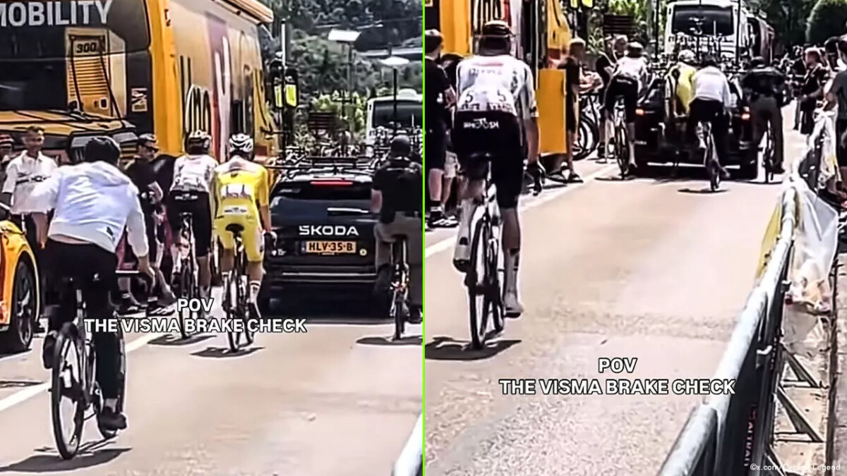 Surgem imagens da colisão de Tadej Pogacar com carro da Visma, caso ocorreu antes da largada no Tour de France, assista o vídeo 1 girodociclismo.com.br imagens revelam colisao de tadej pogacar com carro da visma antes da 18a etapa do tour de france image