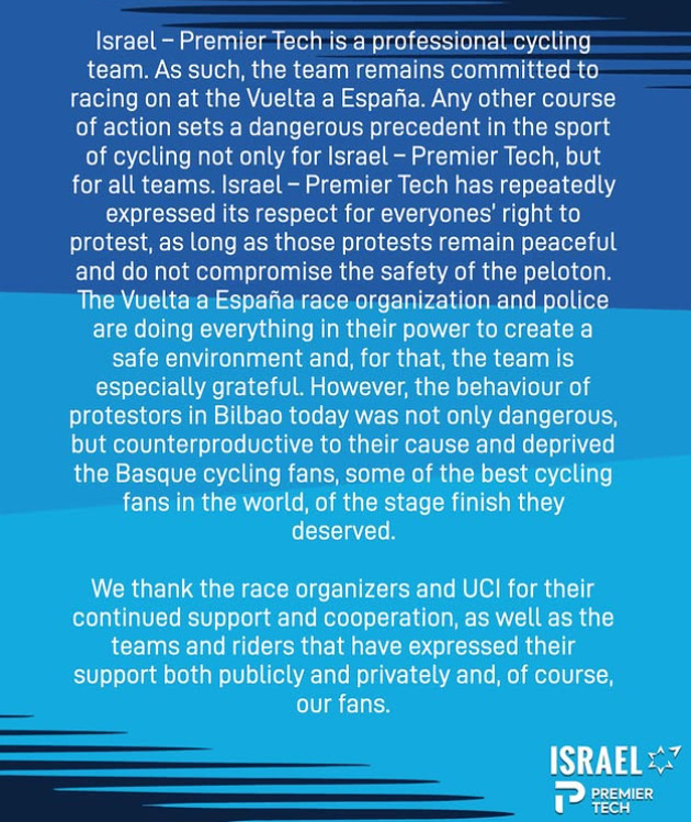girodociclismo.com.br apos protestos na vuelta a espana israel premier tech emite nota oficial e descarta abandono image