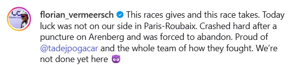 Principal gregário de Tadej Pogacar sofreu forte queda na Paris-Roubaix, vídeo registra o dramático momento; assista 3 girodociclismo.com.br gregario de tadej pogacar sofreu forte queda na paris roubaix image 2